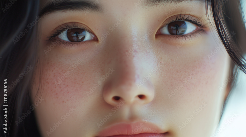 Fototapeta premium Twarz młodej Azjatki z piegami w zbliżeniu podkreślający autentyczność jej urody na prostym, białym tle. 