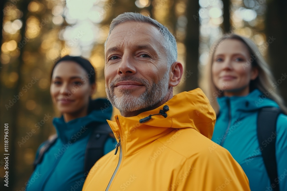 Three people are standing in a forest, one of them wearing a yellow jacket Three people are standing in a forest, one of them wearing a yellow jacket