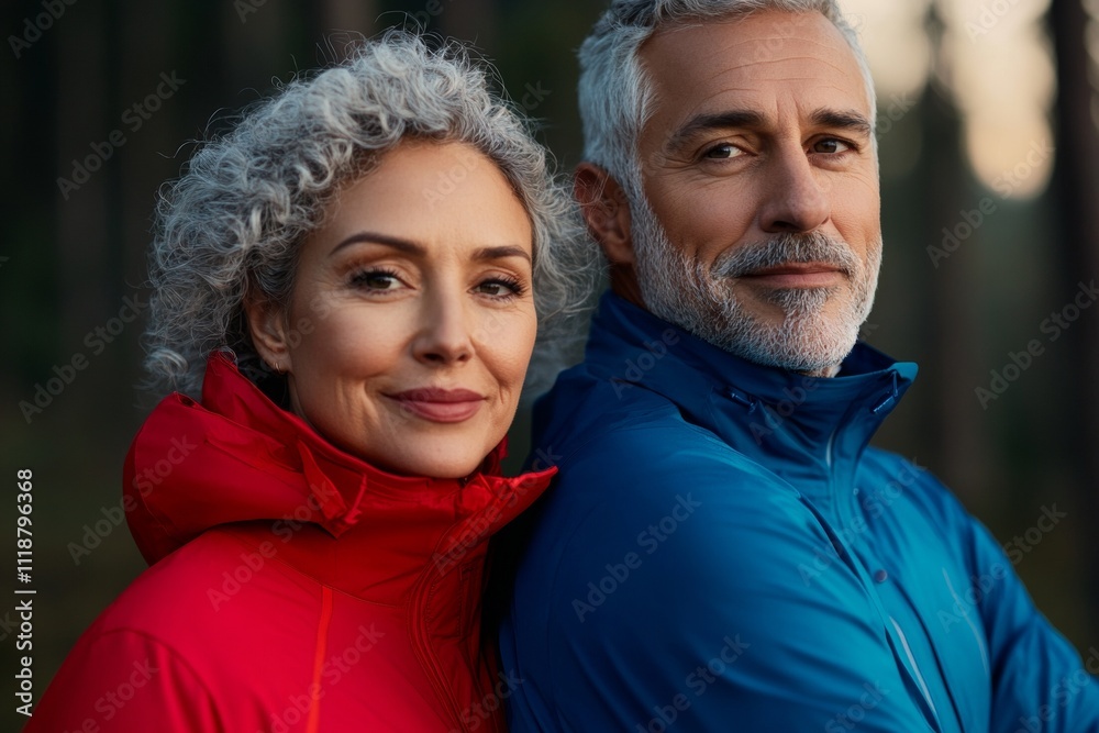 A man and woman are standing next to each other, both wearing blue jackets