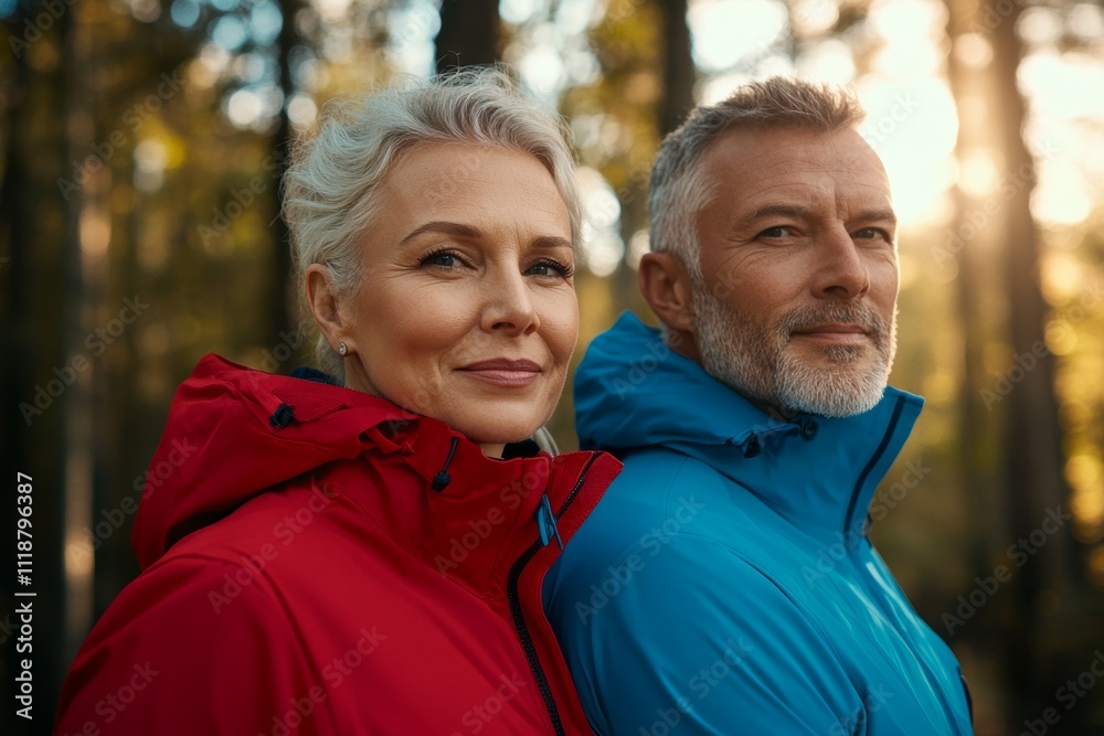 A couple wearing blue and red jackets stand in a forest A couple wearing blue and red jackets stand in a forest