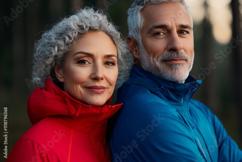 A man and woman are standing next to each other, both wearing blue jackets