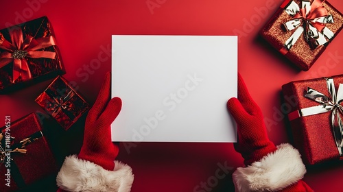 Christmas themed background with santa minimalist design, high resolution,santa claus holding white blank board in both hands, with gifts around.
 photo