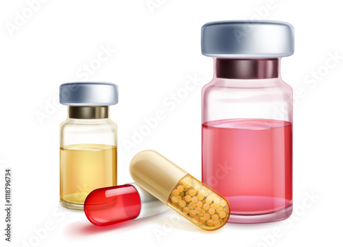 Two vials with liquids and two pills, one red and one yellow with drug granules inside, with shadows on a white background.