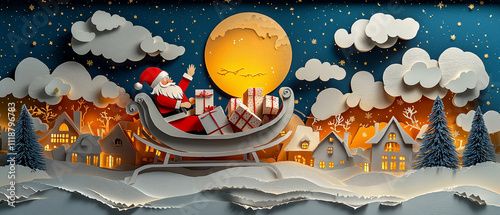 Illustration magique de Noël en art papier avec le Père Noël sur son traîneau