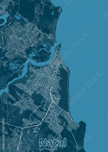 This is a detailed map of Natal, Brazil, showcasing its street network and coastline. The map is rendered in a minimalist style with white lines representing roads and a dark blue background.