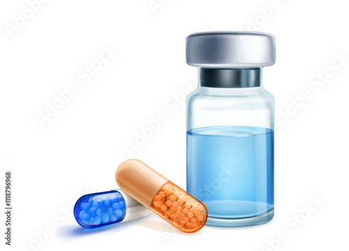 A glass vial with blue liquid and two capsules, one blue and one orange, with drug granules inside. With shadows on a white background.
