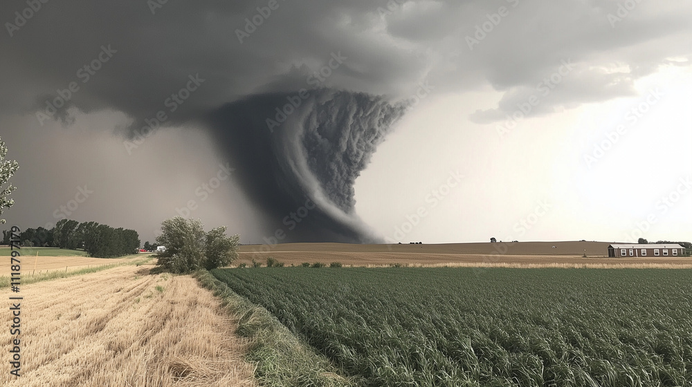 Fototapeta premium Wirujący lej tornada dotyka ziemi na pustym, trawiastym terenie.