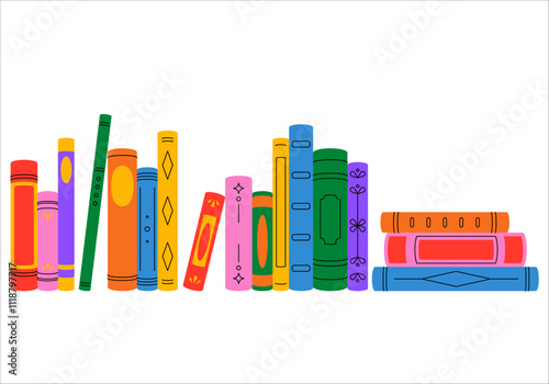 Book spines. Large bookshelf with various books. Collection of antique books. History, knowledge, timelessness. Literature for the whole family. Children's reading. Creative banner for bookstore