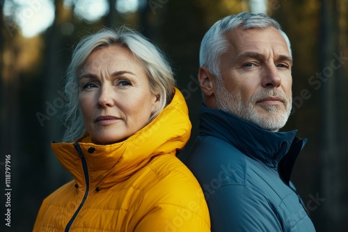 Two older people are standing next to each other, one wearing a yellow jacket