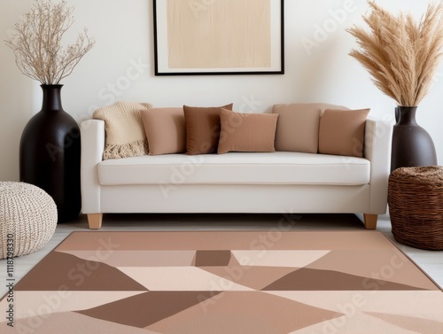 Modern living room with Pantone PMS 17-1230 TPG Mocha Mousse walls and furnishings, minimalistic design.