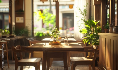 cozy restaurant table with wooden chairs and natural light warm inviting atmosphere