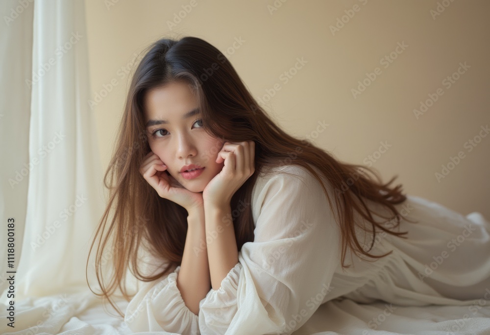 A young woman with long, flowing hair rests her chin on her hands, gazing softly at the camera against a gentle, neutral backdrop. Her delicate features and the ethereal quality of the soft fabric A young woman with long, flowing hair rests her chin on her hands, gazing softly at the camera against a gentle, neutral backdrop. Her delicate features and the ethereal quality of the soft fabric