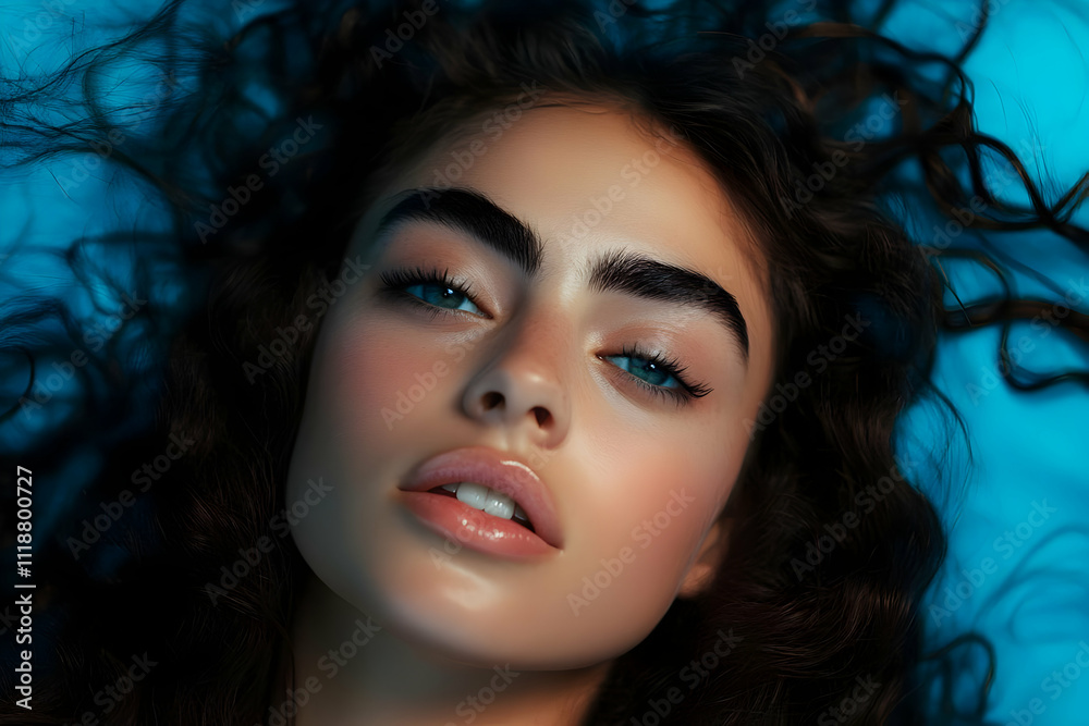 A close-up portrait of a young woman with curly hair and striking features against a blue background. A close-up portrait of a young woman with curly hair and striking features against a blue background.