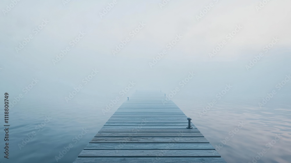 Obraz premium wooden dock way to horizon in foggy morning, minimalism style background with copy space, Generative Ai