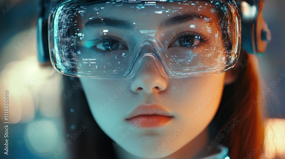 Young woman using virtual reality headset, VR, future, gadgets, technology, education online, studying, video game concept. Closeup portrait of beautiful girl wearing vr glasses. Young woman using virtual reality headset, VR, future, gadgets, technology, education online, studying, video game concept. Closeup portrait of beautiful girl wearing vr glasses.