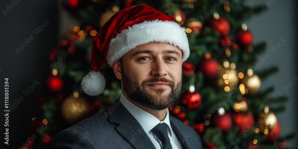 Professional in suit with Santa hat smiling warmly Professional in suit with Santa hat smiling warmly