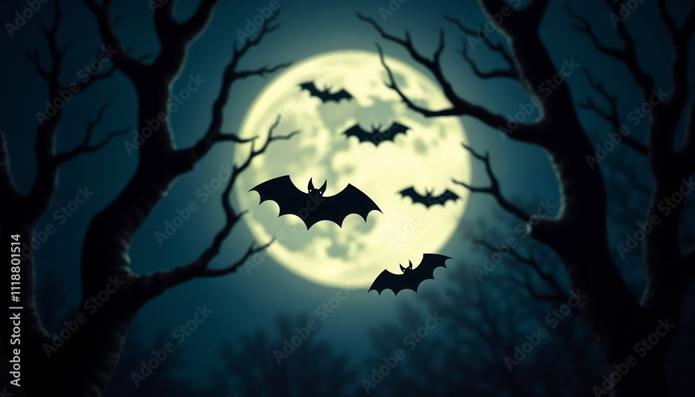 Full moon with flying bats and silhouetted trees on a Halloween night.A haunting symphony of shadows and moonlight against a midnight canvas.mystery, fear, and fascination. Full moon with flying bats and silhouetted trees on a Halloween night.A haunting symphony of shadows and moonlight against a midnight canvas.mystery, fear, and fascination.