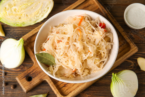 Delicious sauerkraut in bowl and ingredients on wooden background