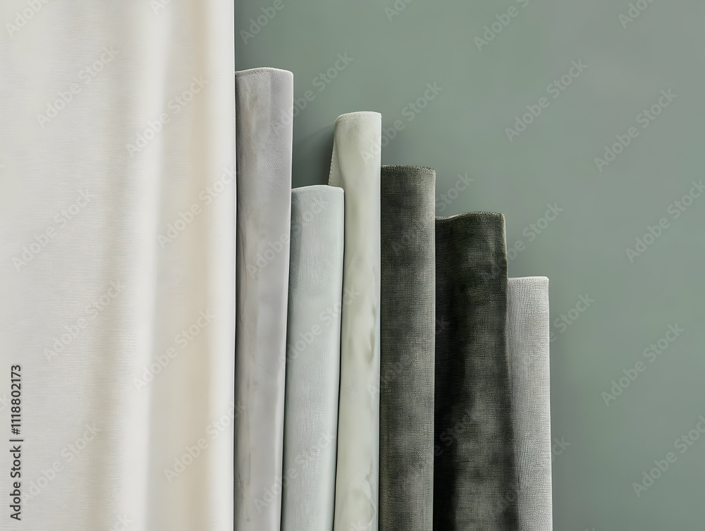 A collection of rolled fabric samples in various shades of gray and green against a wall. A collection of rolled fabric samples in various shades of gray and green against a wall.