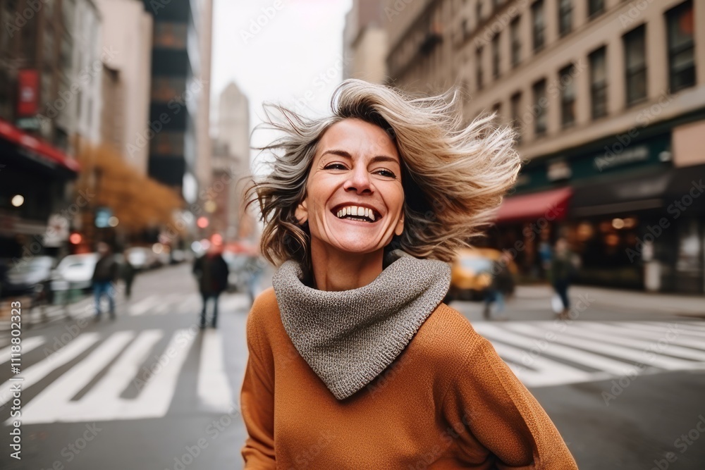 Portrait of a smiling woman crossing the street in New York City Portrait of a smiling woman crossing the street in New York City