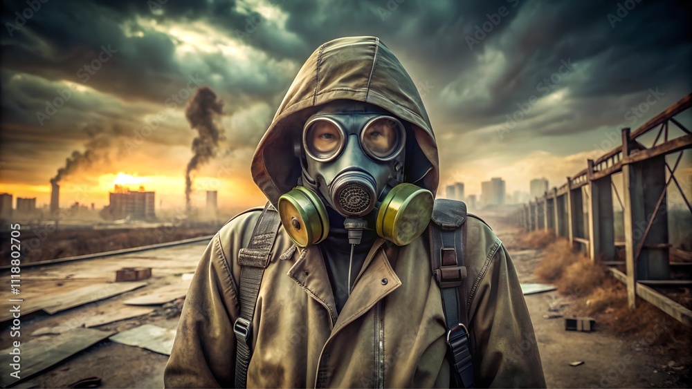 man with gas mask in post apocalypse city man with gas mask in post apocalypse city