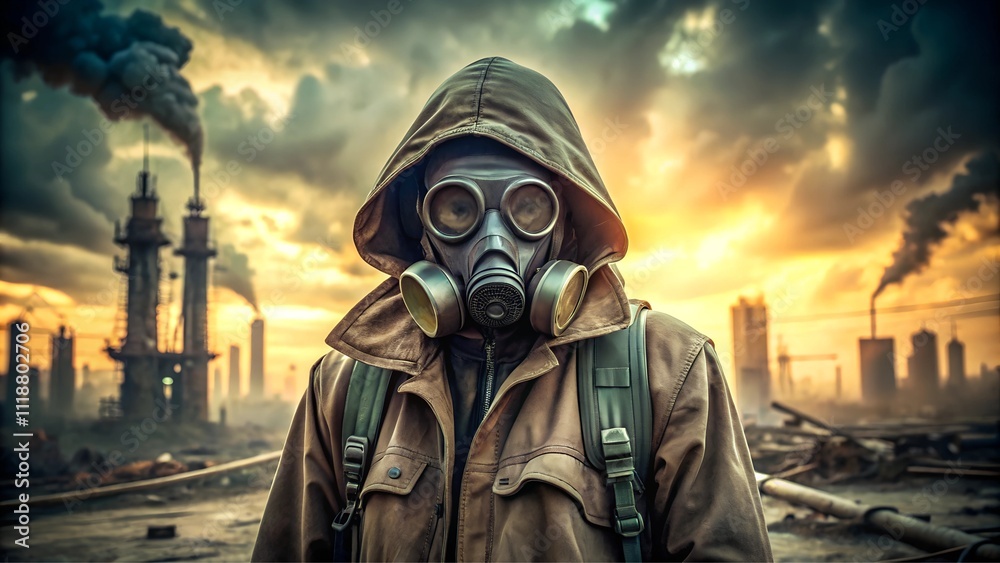 man with gas mask in post apocalypse city man with gas mask in post apocalypse city