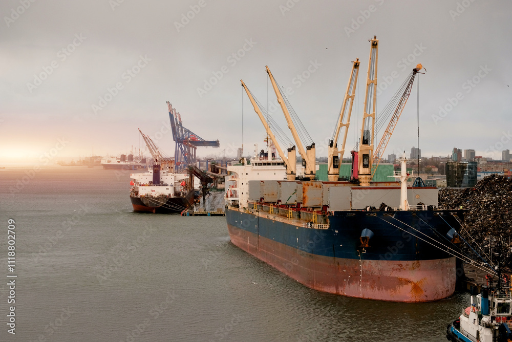 Ore Grain Bulk Carrier Moored In The Trade Port During Cargo Operation Ore Grain Bulk Carrier Moored In The Trade Port During Cargo Operation