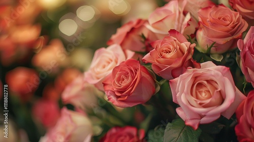 Beautiful bouquet of pink and peach roses in a lively floral shop, creating a romantic and cheerful atmosphere with soft bokeh in the background.