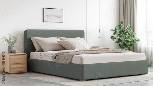 Solid wood bed features a green upholstered headboard and light linen quilt, paired with stylish bedside tables and warm lighting photo