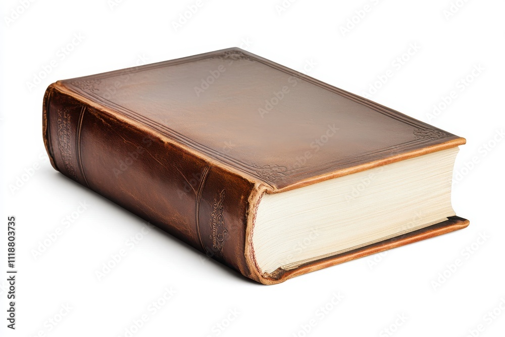 Traditional leather-bound book with embossed detailing and vintage appearance, isolated on white background, ideal for literary themes Traditional leather-bound book with embossed detailing and vintage appearance, isolated on white background, ideal for literary themes