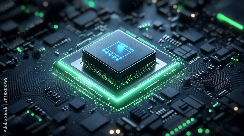 Close-up of a microprocessor chip on a circuit board with glowing green outlines. Close-up of a microprocessor chip on a circuit board with glowing green outlines.