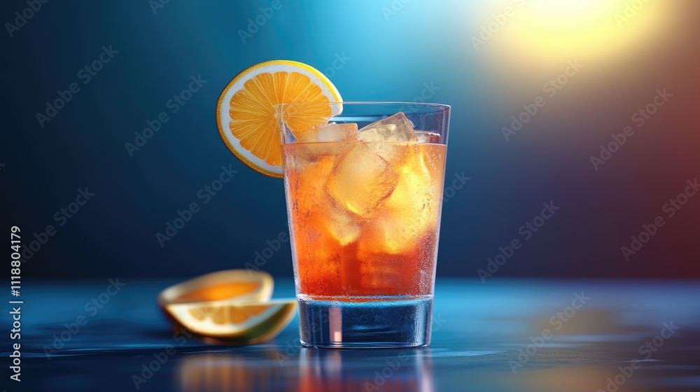 Fototapeta premium Refreshing glass of iced tea with a lemon slice, vibrant colors, and ice cubes creating a cool, inviting mood.