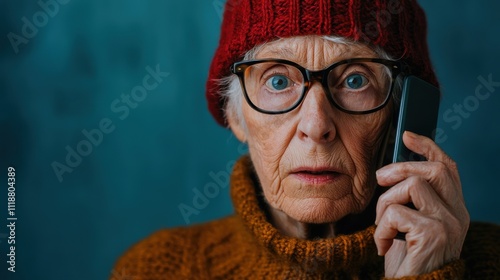 Spam call scam security. Elderly woman on the phone, looking surprised and concerned.