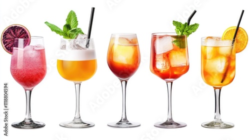 Five vibrant cocktails with various garnishes, showcasing an array of colors and refreshing textures in elegant glasses.