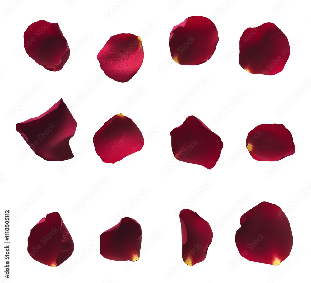 Red rose petals on transparent background, romantic floral arrangement concept Red rose petals on transparent background, romantic floral arrangement concept