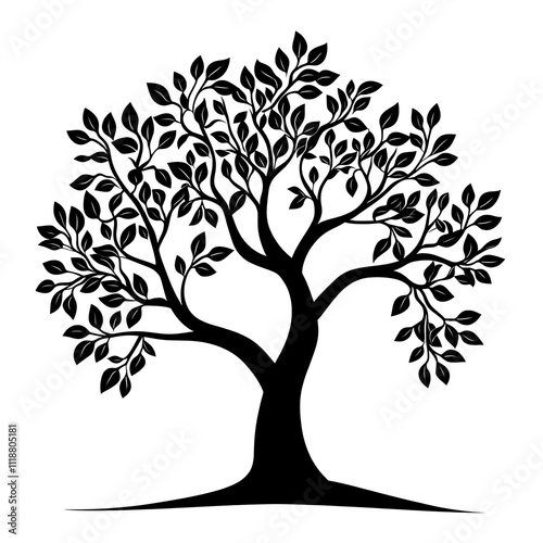 Minimal black tree design with delicate leaves on white image