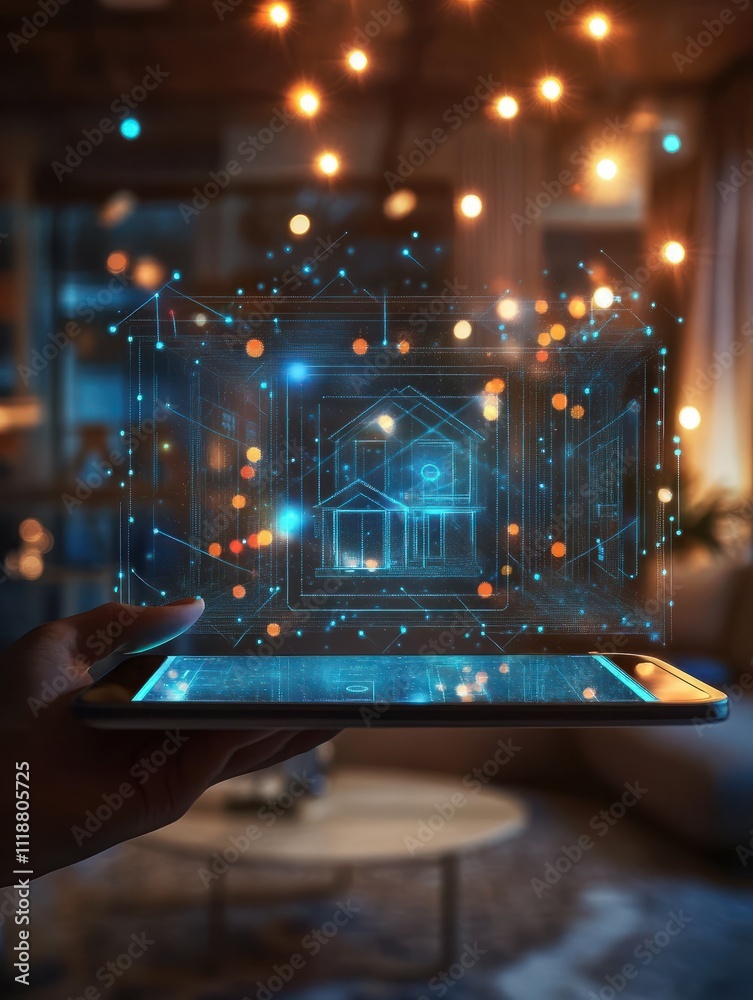 Close up of hand holding tablet with abstract digital smart home hologram on blurry living room interior background. Technology and innovation concept