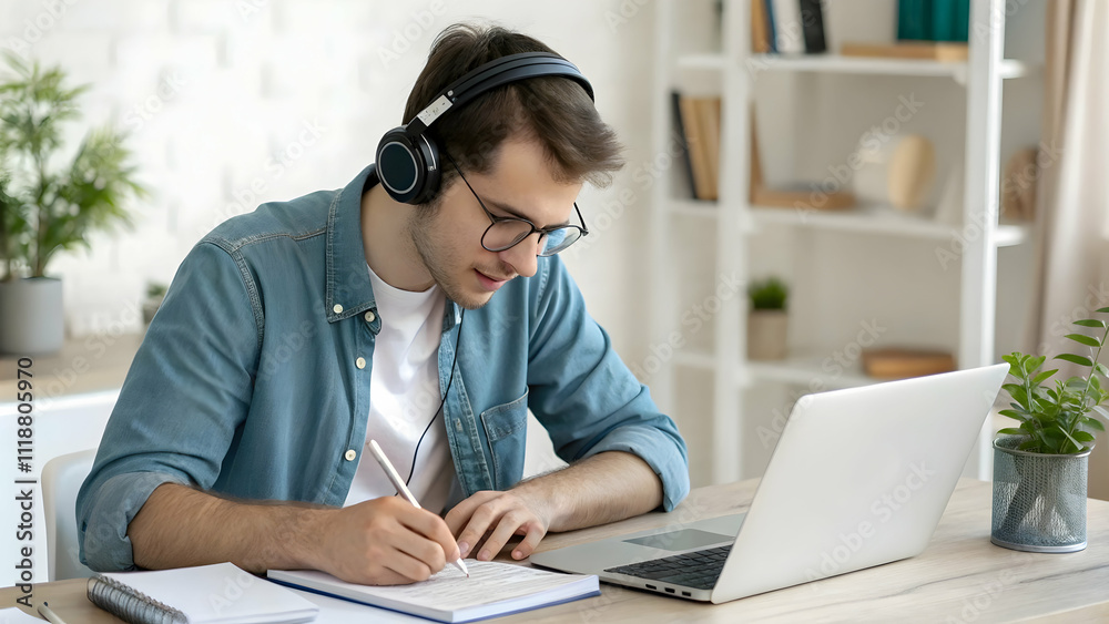 Focused Student Engaged in Online Learning with Laptop and Headphones in Cozy Study Space Focused Student Engaged in Online Learning with Laptop and Headphones in Cozy Study Space
