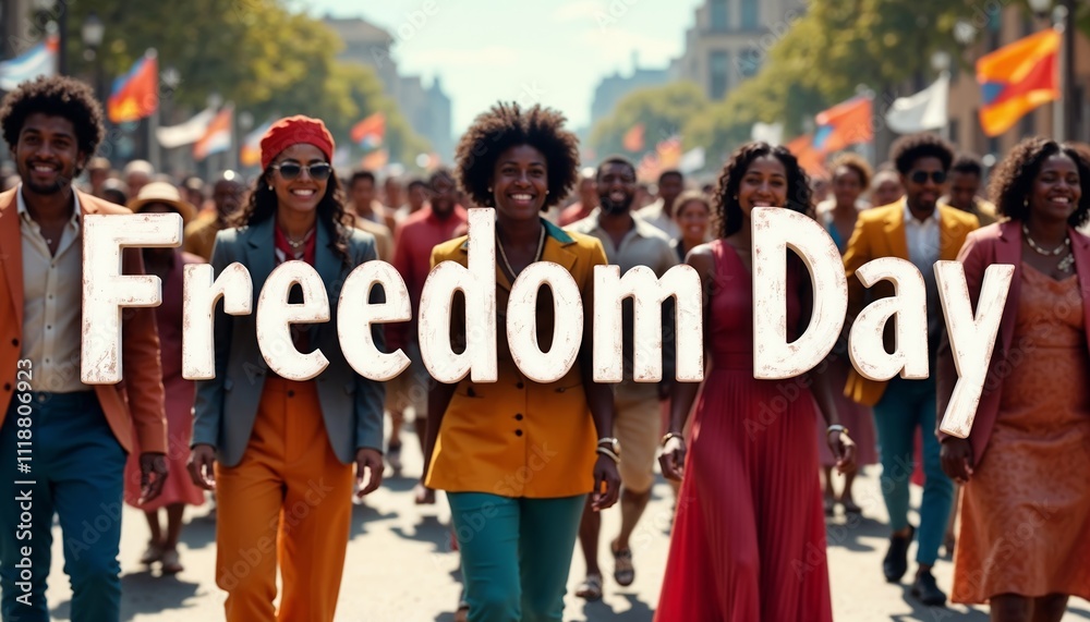 Freedom Colorful Freedom Day parade with happy people in colorful clothing and waving ...
