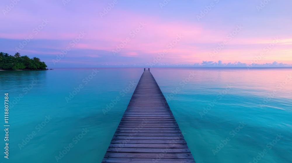 Obraz premium Serene Wooden Pier Leading to Tranquil Waters at Sunset Glow