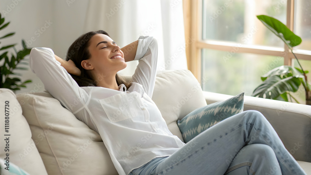 A Serene Moment of Relaxation: Young Woman Enjoying Peace in a Cozy Indoor Space A Serene Moment of Relaxation: Young Woman Enjoying Peace in a Cozy Indoor Space