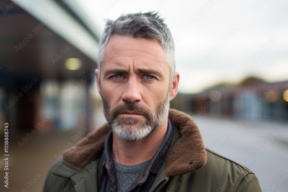 Portrait of mature man with grey hair and beard in the city Portrait of mature man with grey hair and beard in the city
