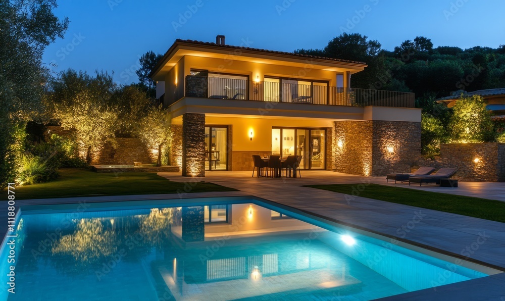 Modern Architectural Luxury Villa with Pool and Night Lights Modern Architectural Luxury Villa with Pool and Night Lights