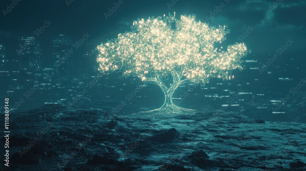 Obraz premium Luminous Tree of Digital Life: A Futuristic Oasis