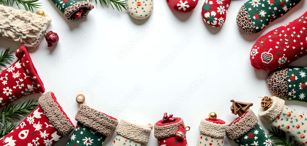 a group of christmas stockings and ornaments on a white background a group of christmas stockings and ornaments on a white background
