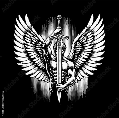 angel holding sword engraving black and white outline