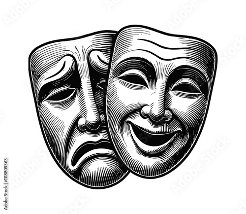 two theater mask sad and happy engraving black and white outline