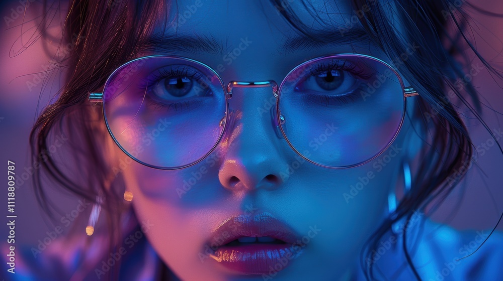 A captivating close-up portrait of a young person wearing round glasses, with a colorful neon glow highlighting facial expressions and creating a vibrant, artistic effect A captivating close-up portrait of a young person wearing round glasses, with a colorful neon glow highlighting facial expressions and creating a vibrant, artistic effect