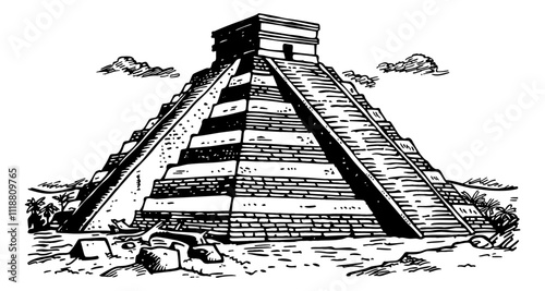 mayan pyramid engraving black and white outline