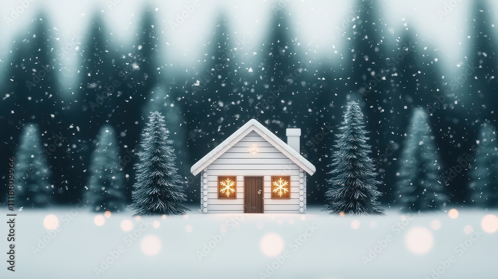 Cozy Winter Cabin Surrounded by Snowy Forest and Soft Snowfall Cozy Winter Cabin Surrounded by Snowy Forest and Soft Snowfall
